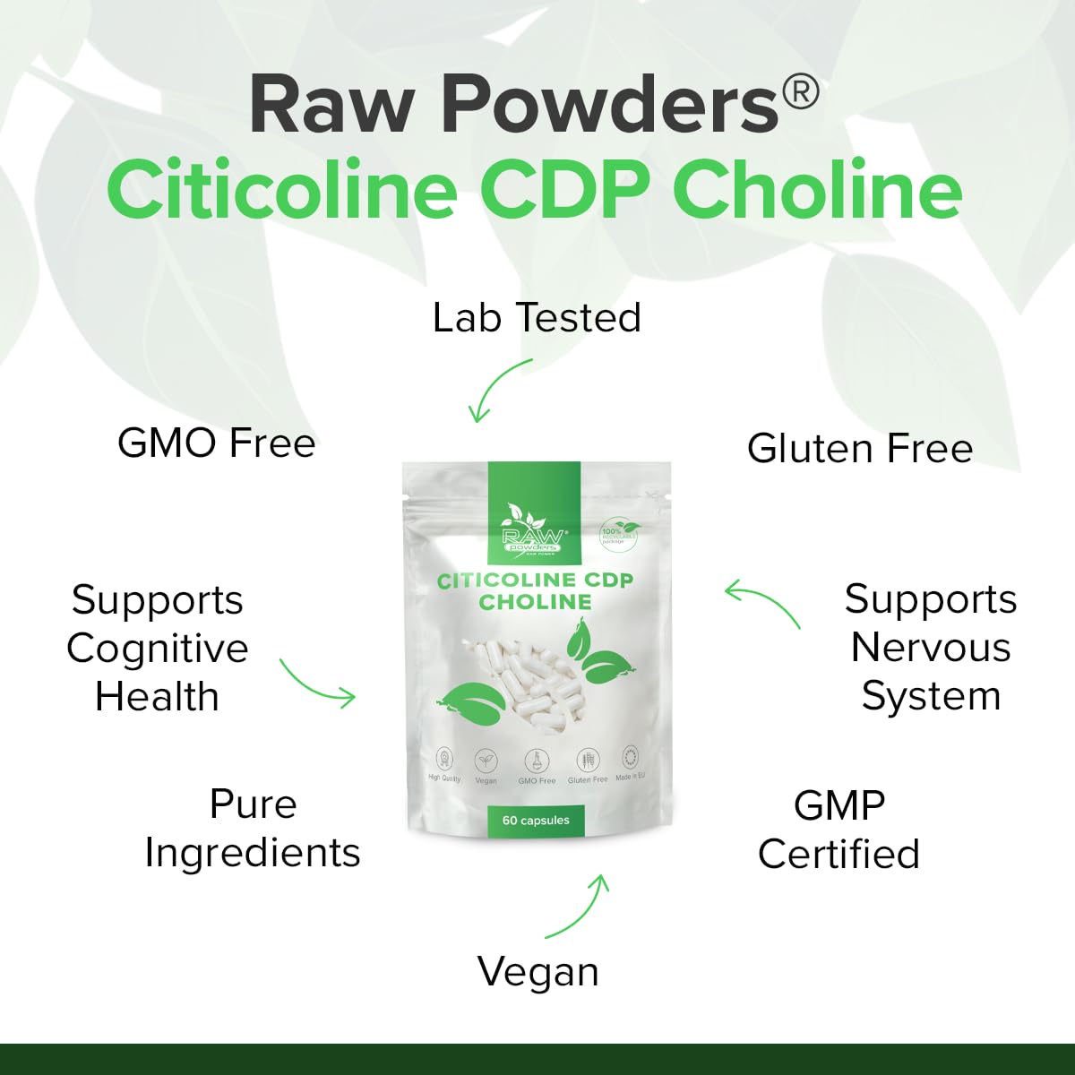 Citicolina CDP Colina 250 mg - 60 Cápsulas | Soporta Concentración, Memoria y Energía Mental | Vegano, Libre de OGM | Producido en fábricas certificadas ISO de la UE | Raw Powders