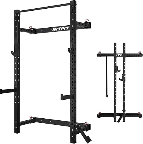 Miniatura 13 de RitFit 2.36'' x 2.36'' Folding Squat Rack for Home Gym, Wall Mounted Squat Rack with Attachments - Space Saving Squat Power Rack Negro