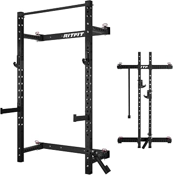RitFit 2.36 x 2.36 Folding Squat Rack for Home Gym, Wall Mounted Squat Rack with Attachments - Space Saving Squat Power Rack