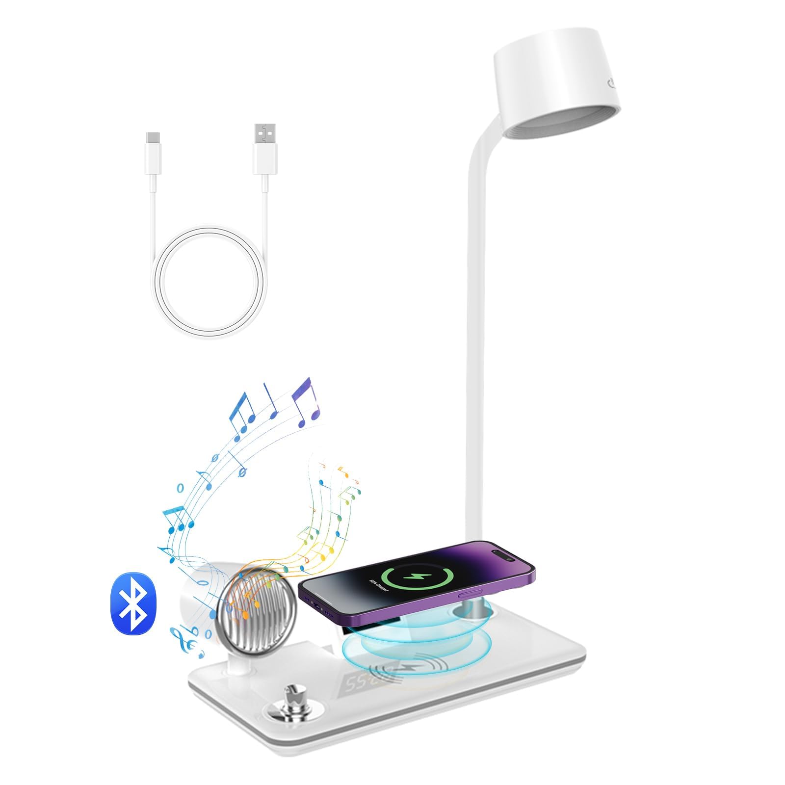 LED Desk Lamp for Home Office, Small Desk Lamp with Wireless Charger and Bluetooth Speaker, Touch Lamp for Nightstand, Reading Light with Clock, Dimmable Table Lamp for College Dorm and Bedroom