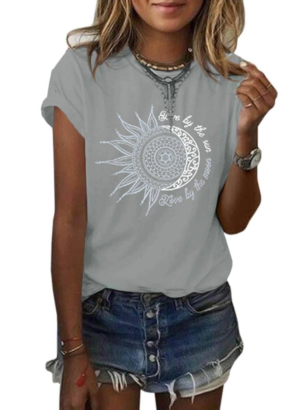 MaQiYa Womens Graphic Tees Summer Vintage Short Sleeve Cotton Moon and Sun Printed T Shirts Tops