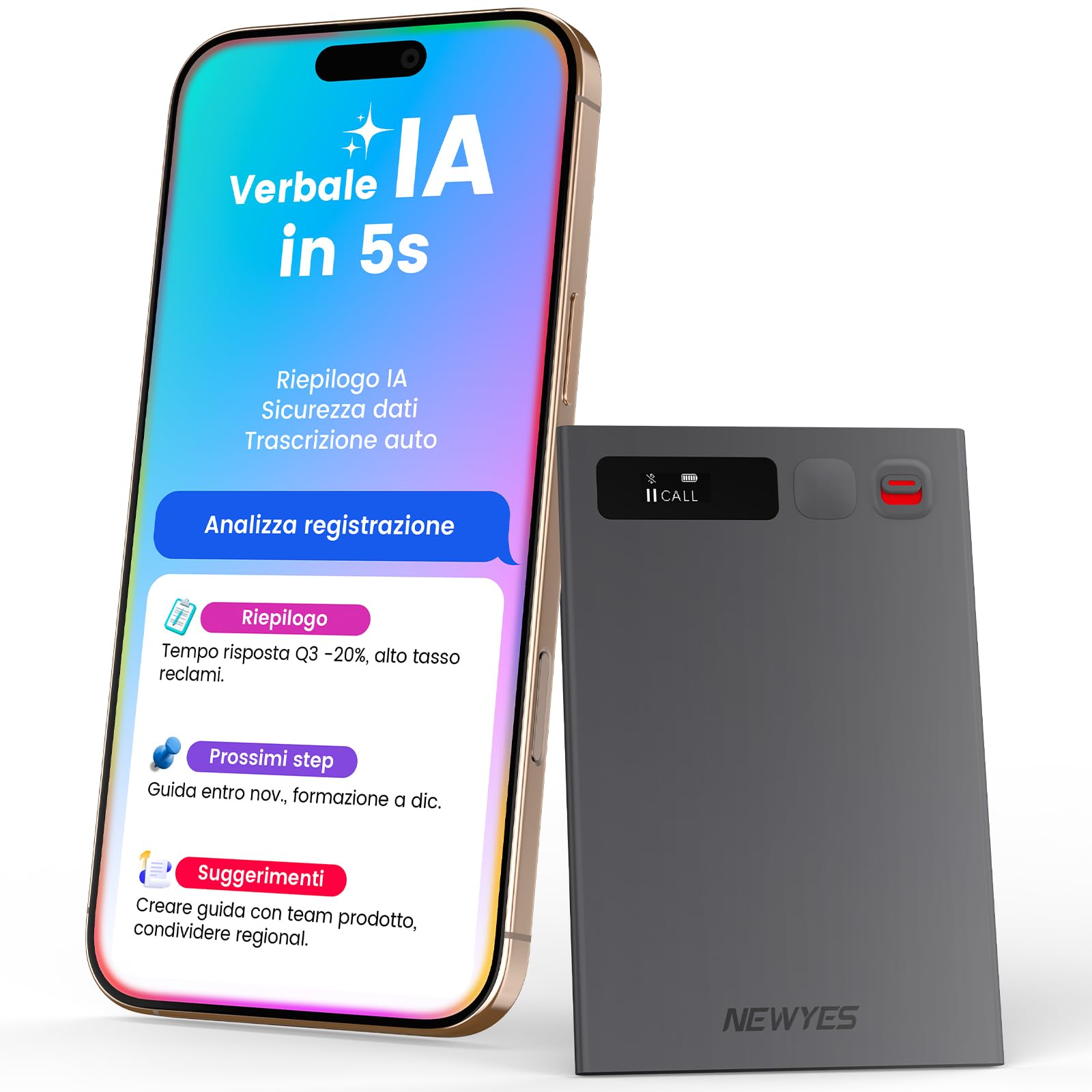 NEWYES Registratore Vocale AI con app dedicata,trascrivi e riepiloga,Durata della batteria di 35 ore,memoria da 64 GB per riunioni,lezioni,chiamate,affari, lezioni