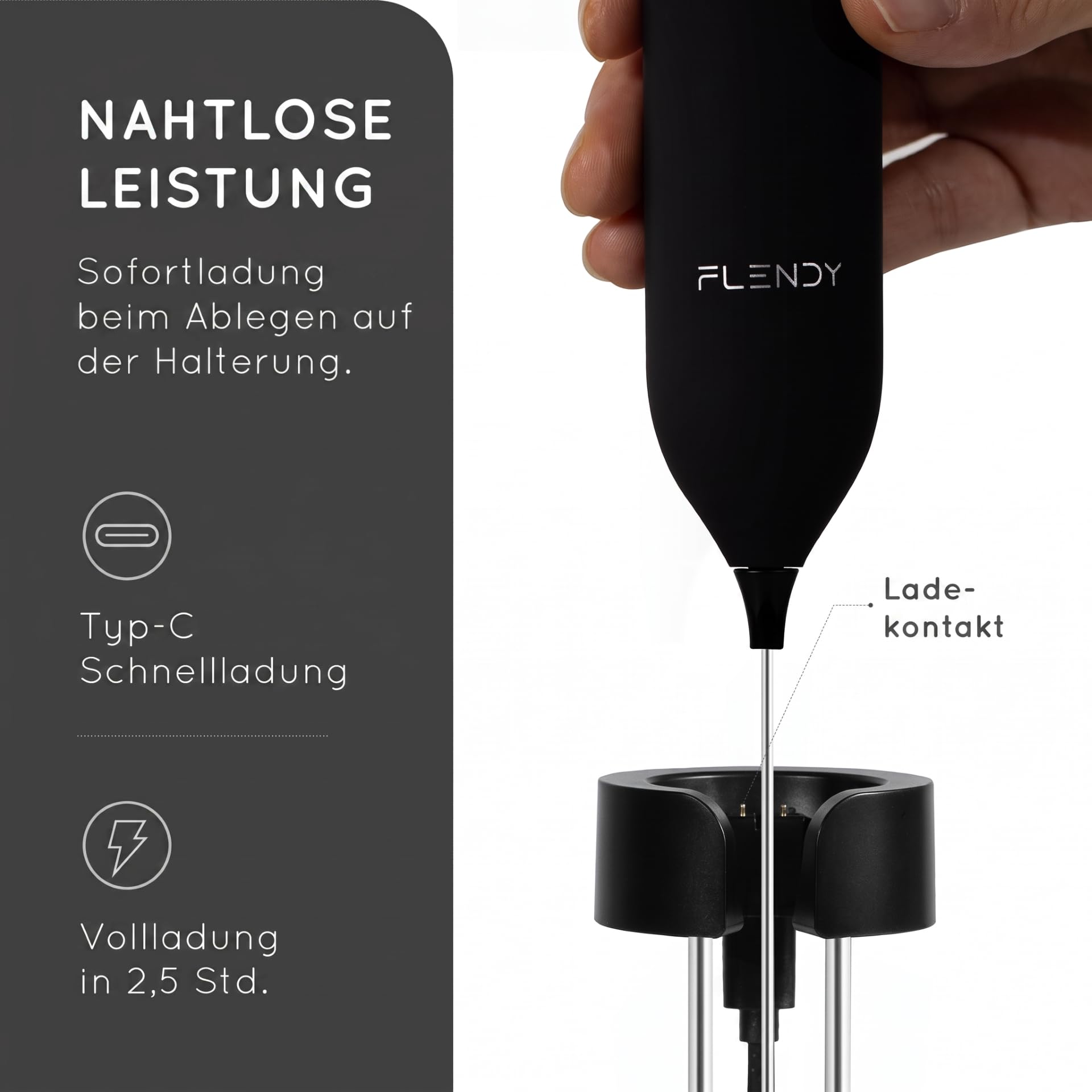 Flendy Wiederaufladbarer Hand Milchaufschäumer Stab, Aufschäumer Stab mit USB-C Ladehalterung, Mini Milchaufschäumer elektrisch Stab Aufladbar für Kaffee, Matcha, Proteinshake, usw.