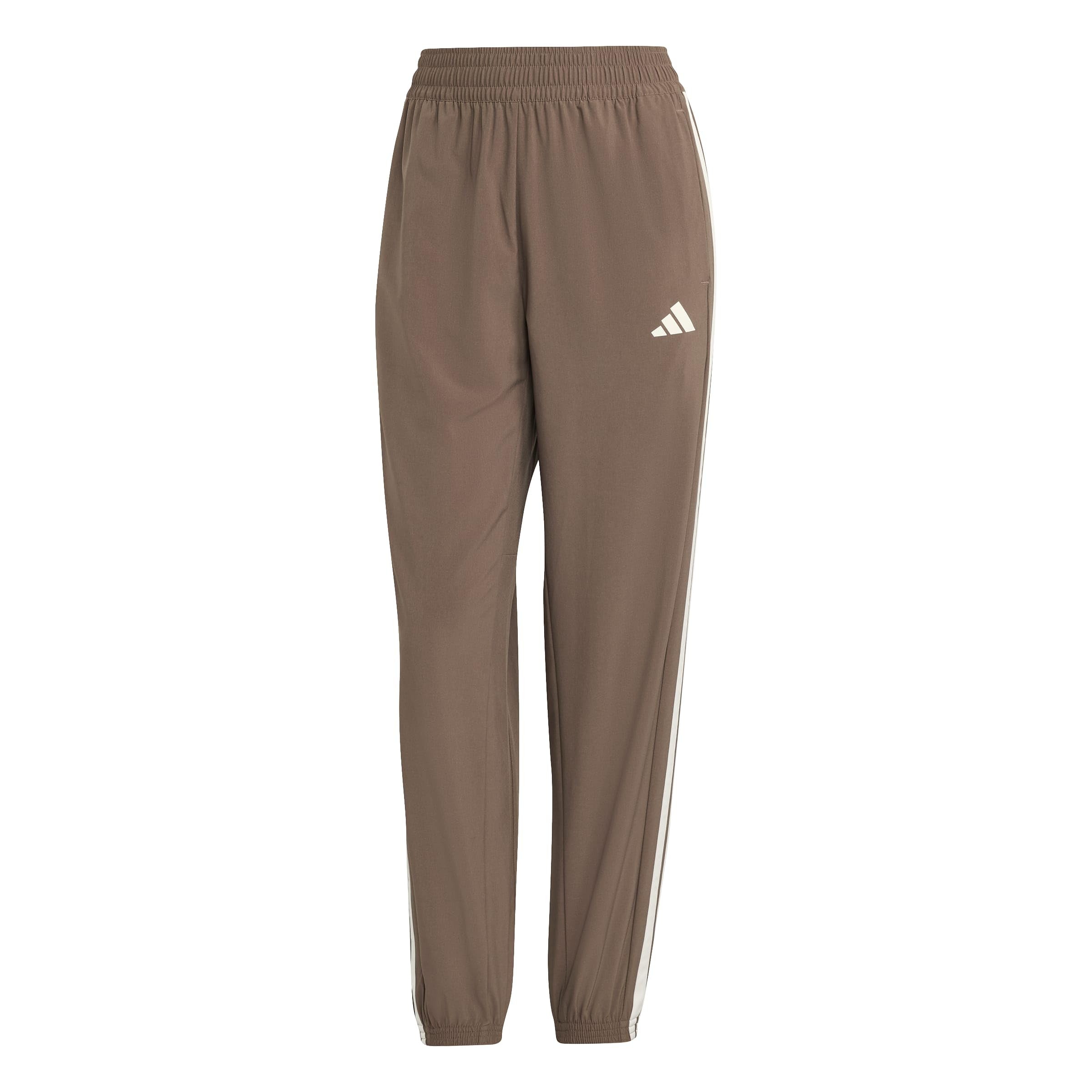 adidas Women's Train Essentials 3-Stripes Woven Pants, Earth Strata/White, XXS