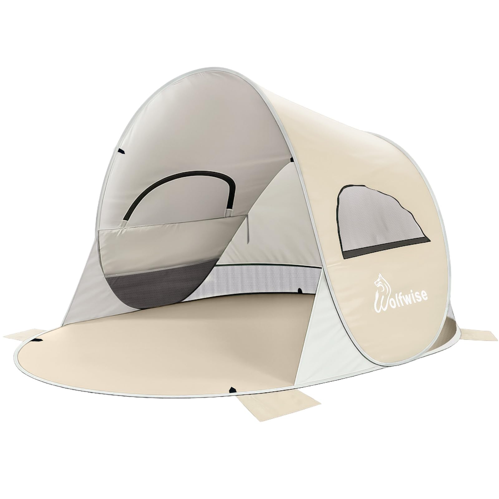 Wolfwise Pop Up Strandmuschel für 3-4 Personen, Sofort Aufbau, UV-Schutz 50+, Wasserabweisend, Belüftetes Anti-Riss Strandzelt mit Sandtaschen, 220x145x120CM (87 ×57×47 IN), Beige