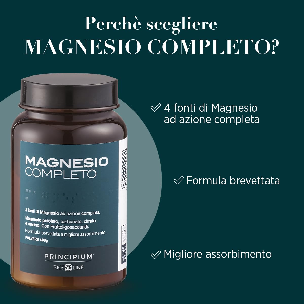 BIOS LINE Principium, Magnesio Completo Brevettato con Miglior Assorbimento, Gusto Agrumi, 4 Fonti di Magnesio ad Azione Completa, Integratore Anti Stress, 400 g Polvere Solubile
