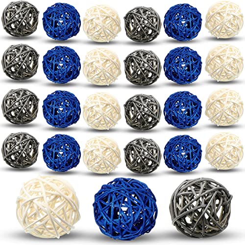 24 Pcs Wicker Rattan Balls Decorative Balls for Vase Centerpiece Vase Fillers Bowls Orbs Filler for Spring Summer Craft, Wedding Party, 1.8 Inches, Dark Blue, Gray, White