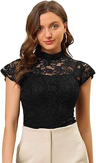 Women's Elegant Floral Lace Blouse Short Sleeve Keyhole Back Fitted Semi...