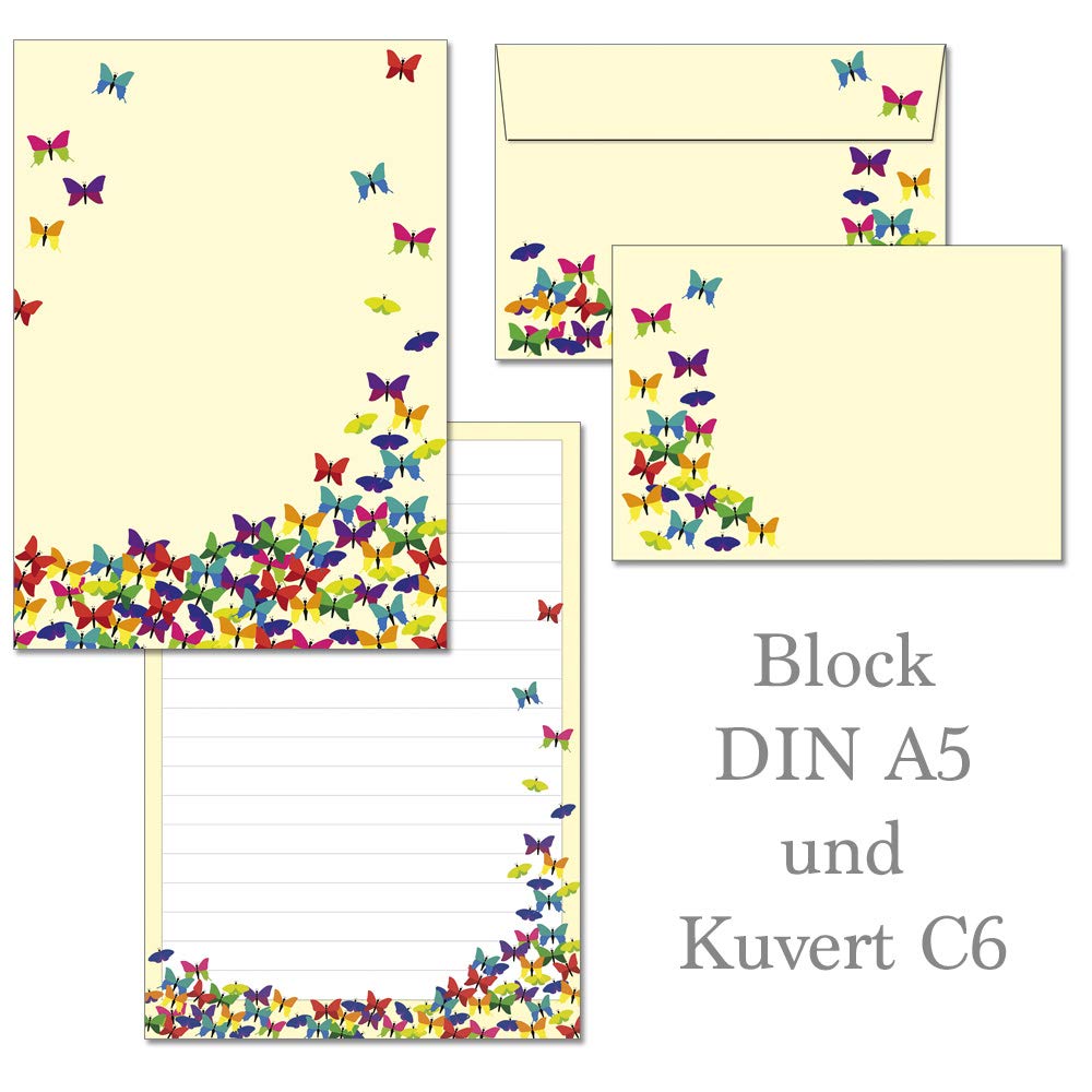 Notepad colourful butterflies 50 sheets format DIN A5 with cover sheet + 15 envelopes C6.
