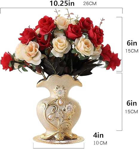 Miniatura 6 de Hbluefat Rosas artificiales de seda con florero de cerámica dorada, flores falsas para interiores y exteriores, hogar, oficina, habitación, boda,