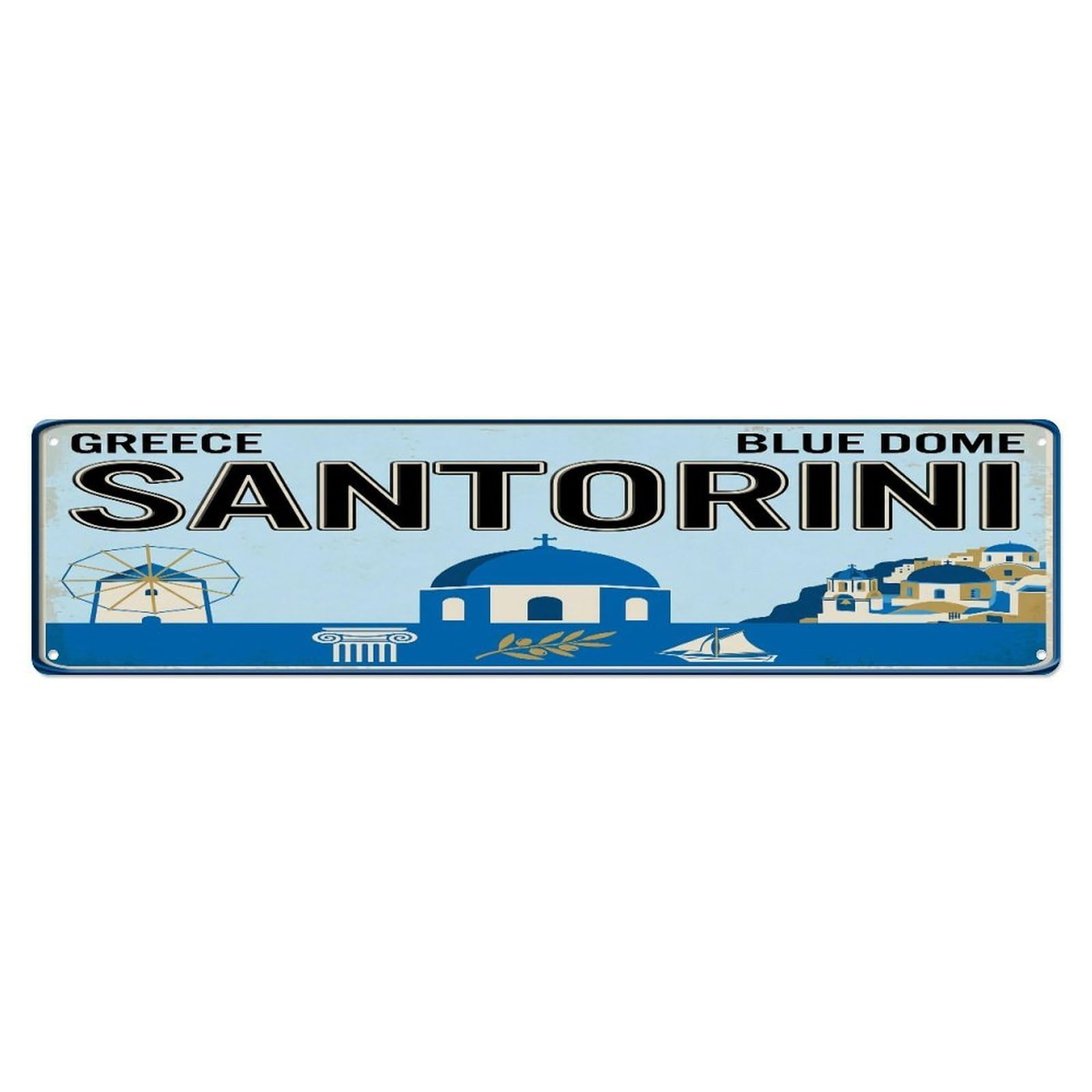 Tgrcjimh Style Metal Tin Sign Vintage Travel Santorini Blue Dome Windmill