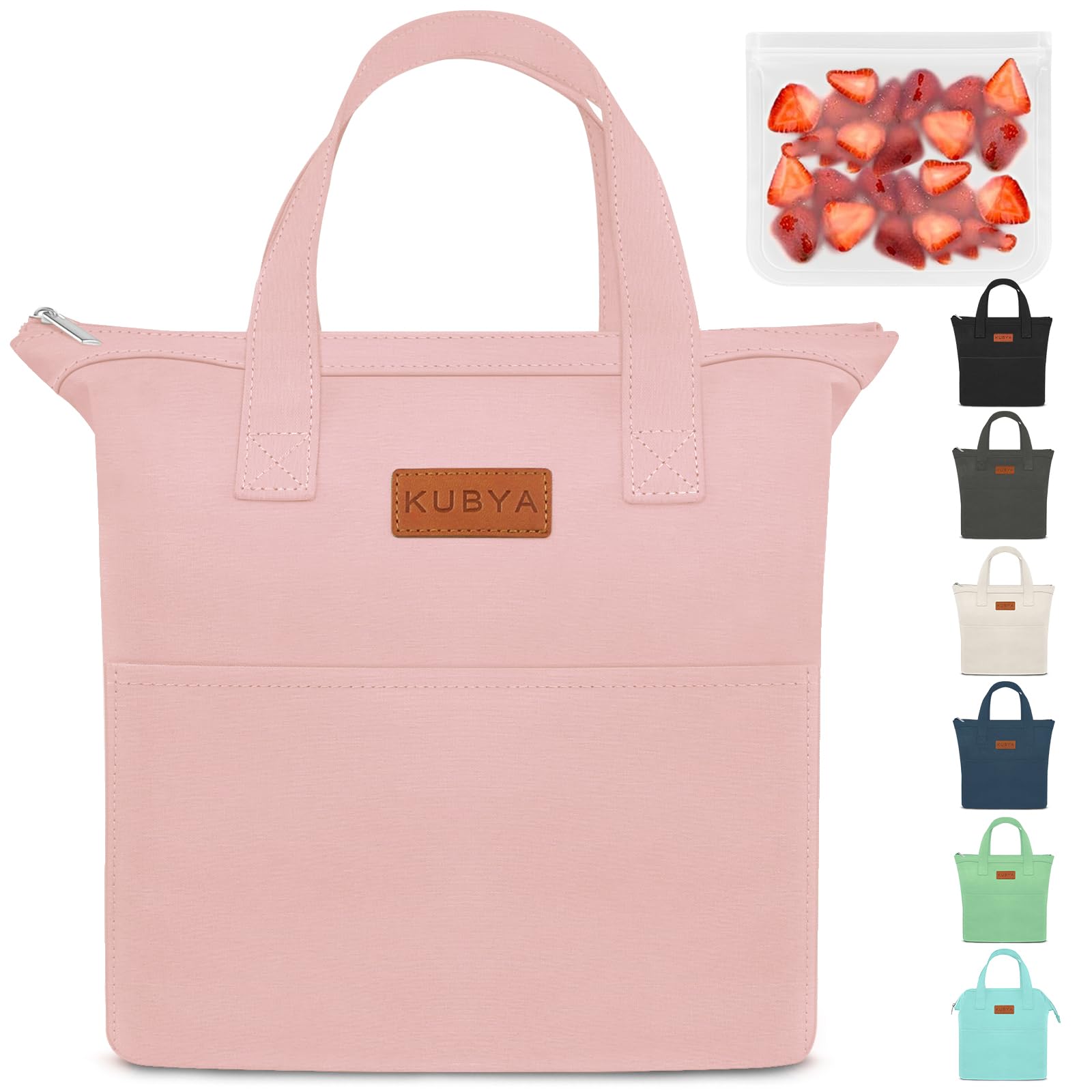 KUBYA Lunch Box for Women, Men, Adults - Insulated Lunch Bag - Pink - 1L Capacity - 2 Compartments - Zipper Closure - Modern Style - Work, Office, Picnics