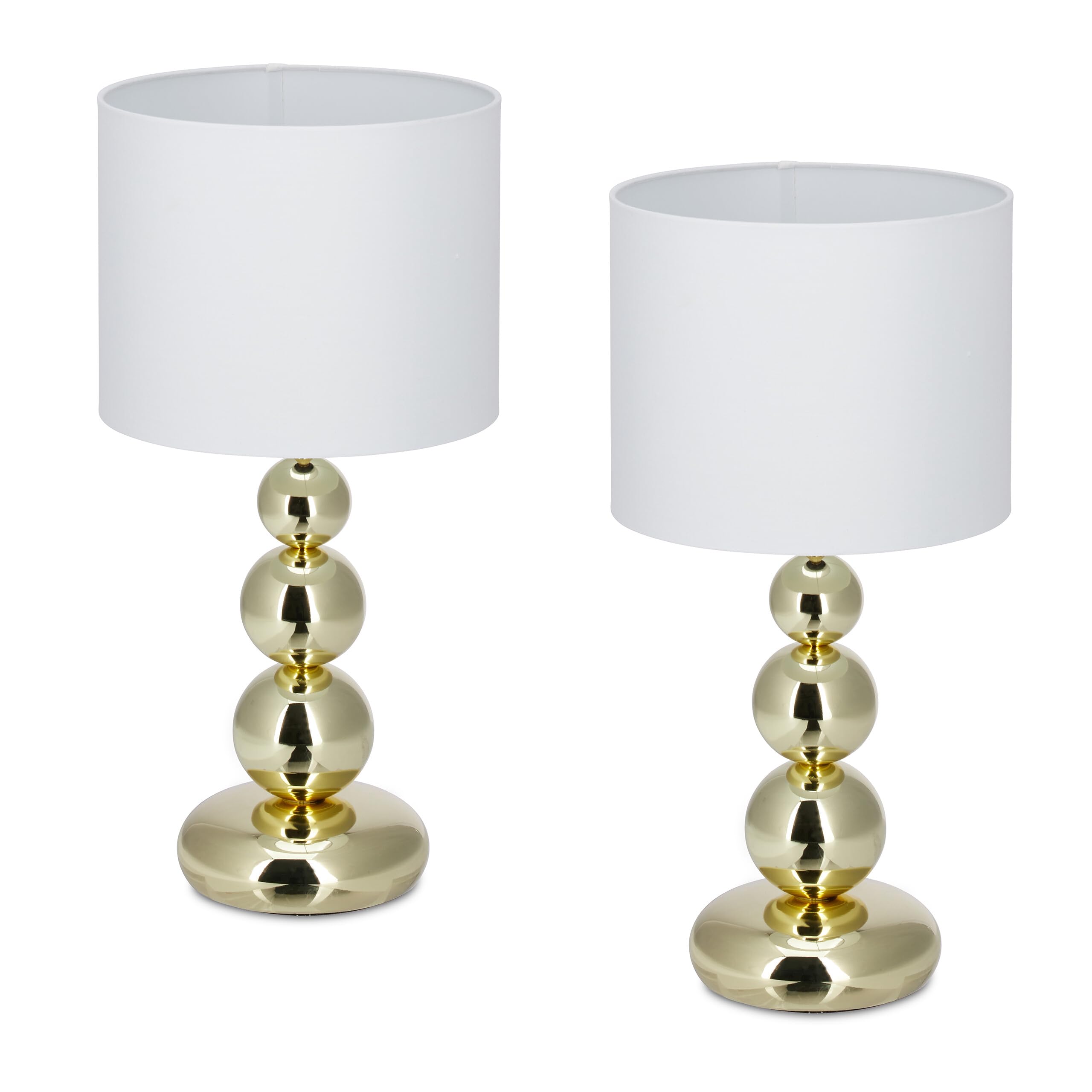 Relaxdays Tischlampe, 2er Set, Metallfuß & Stoffschirm, E27, HxD: 50 x 25 cm, Nachttischlampe Schlafzimmer, weiß/Gold