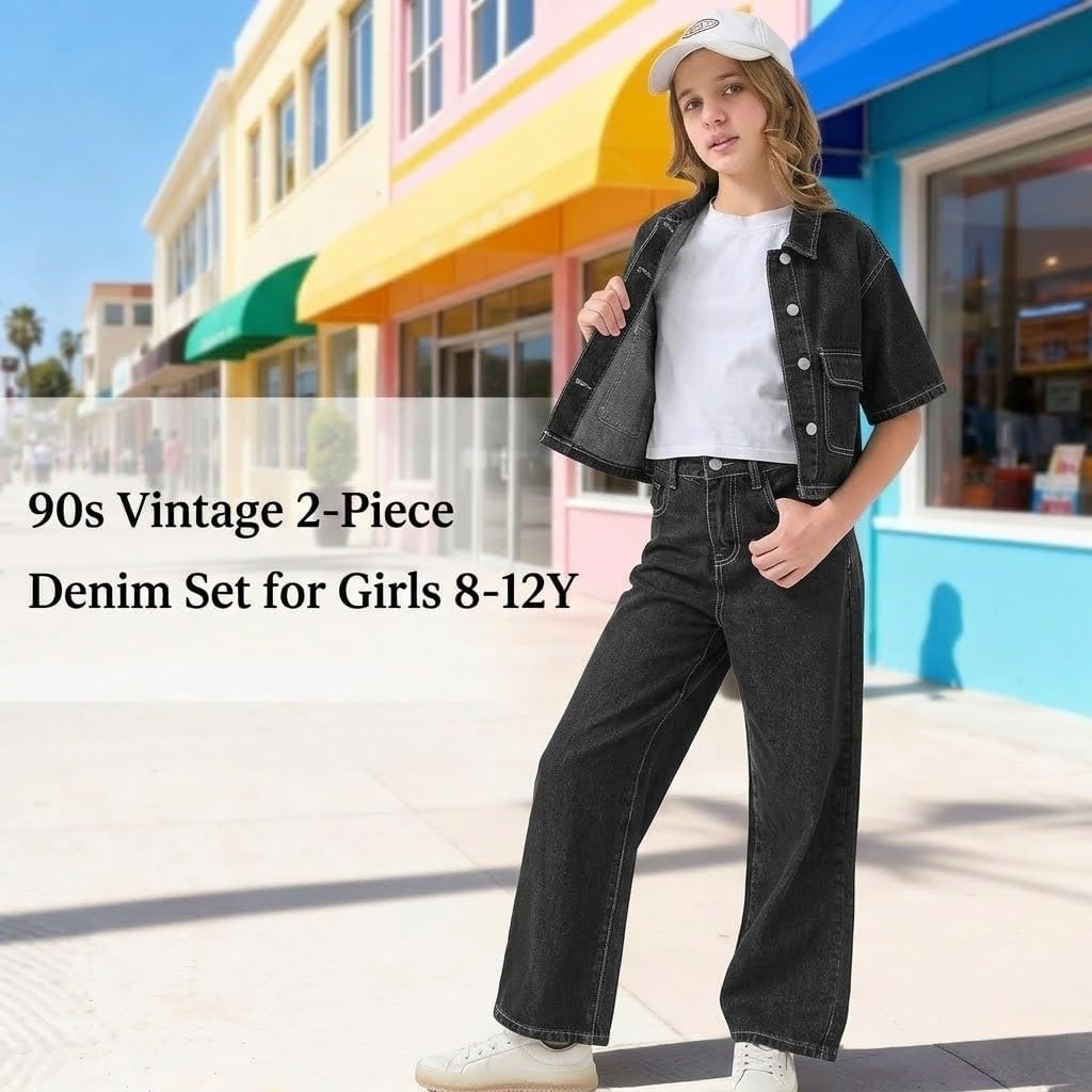 Girls 2-Piece Denim Set, 90s Vintage Short Sleeve Jacket & Straight-Leg Pants, Classic Casual School Outfit 8-12Y