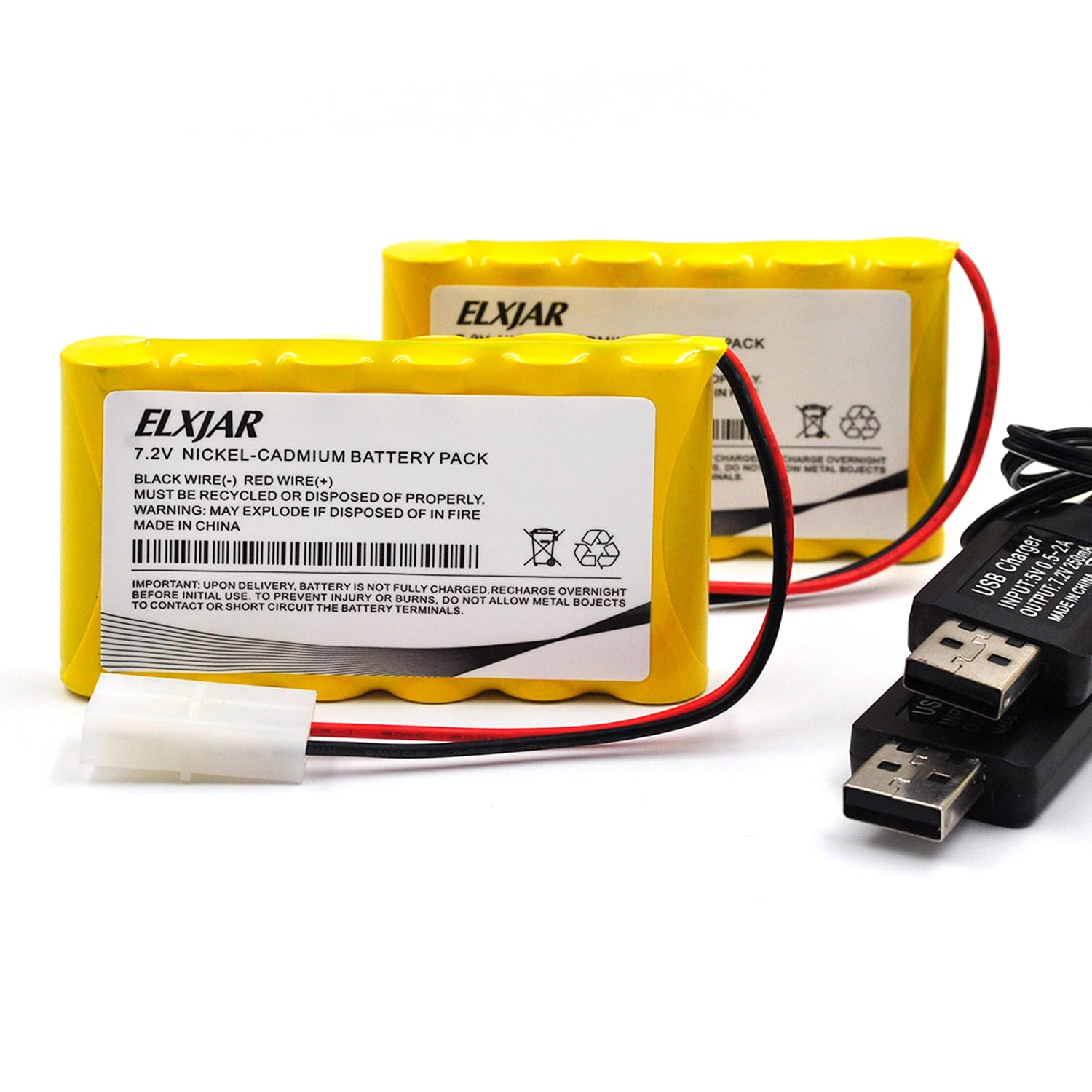 elxjar (2-Pack) 7.2V 800mAh Ni-Cd Battery with Tamiya Plug for RC Vehicles