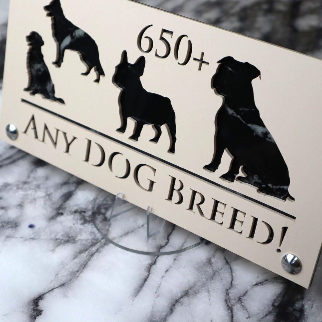 K Smart Sign | 280mm x 140mm | Personalised Dog Luxe property house Dogs wall number address Any-Dog personalised plaque numbers signs fully personalised choose your own (Beige & Black Marble) — image 1