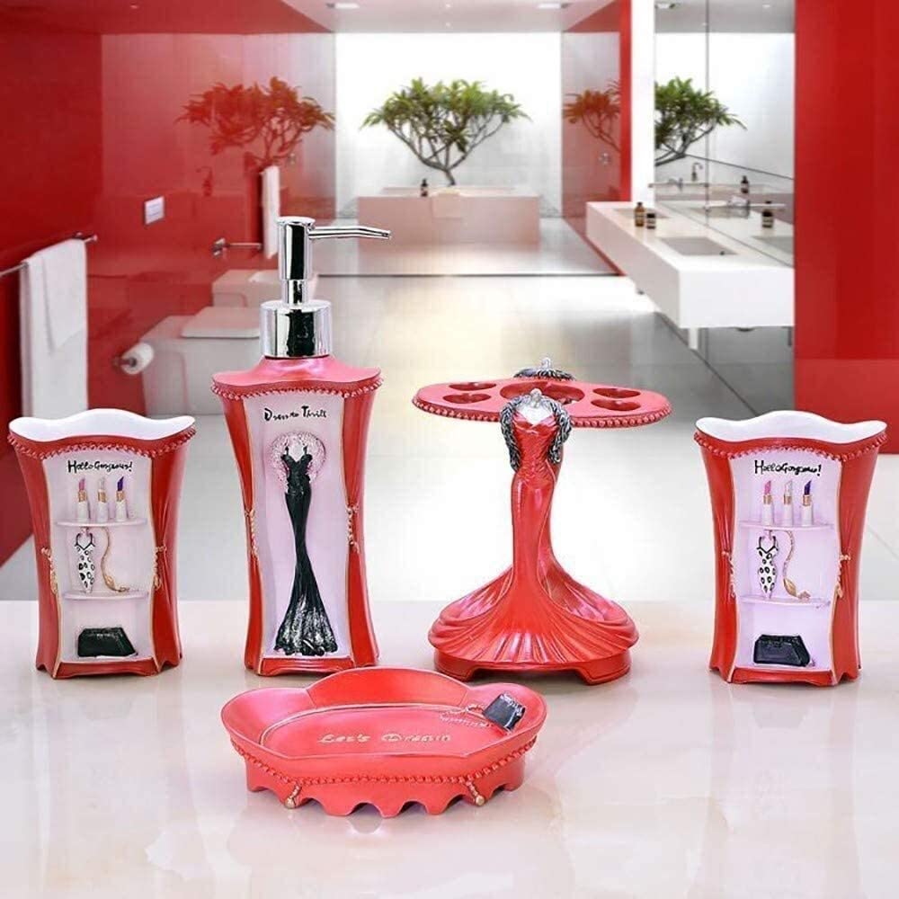 Juego de baño de resina rosso de 5 piezas con portacepillos para tocador