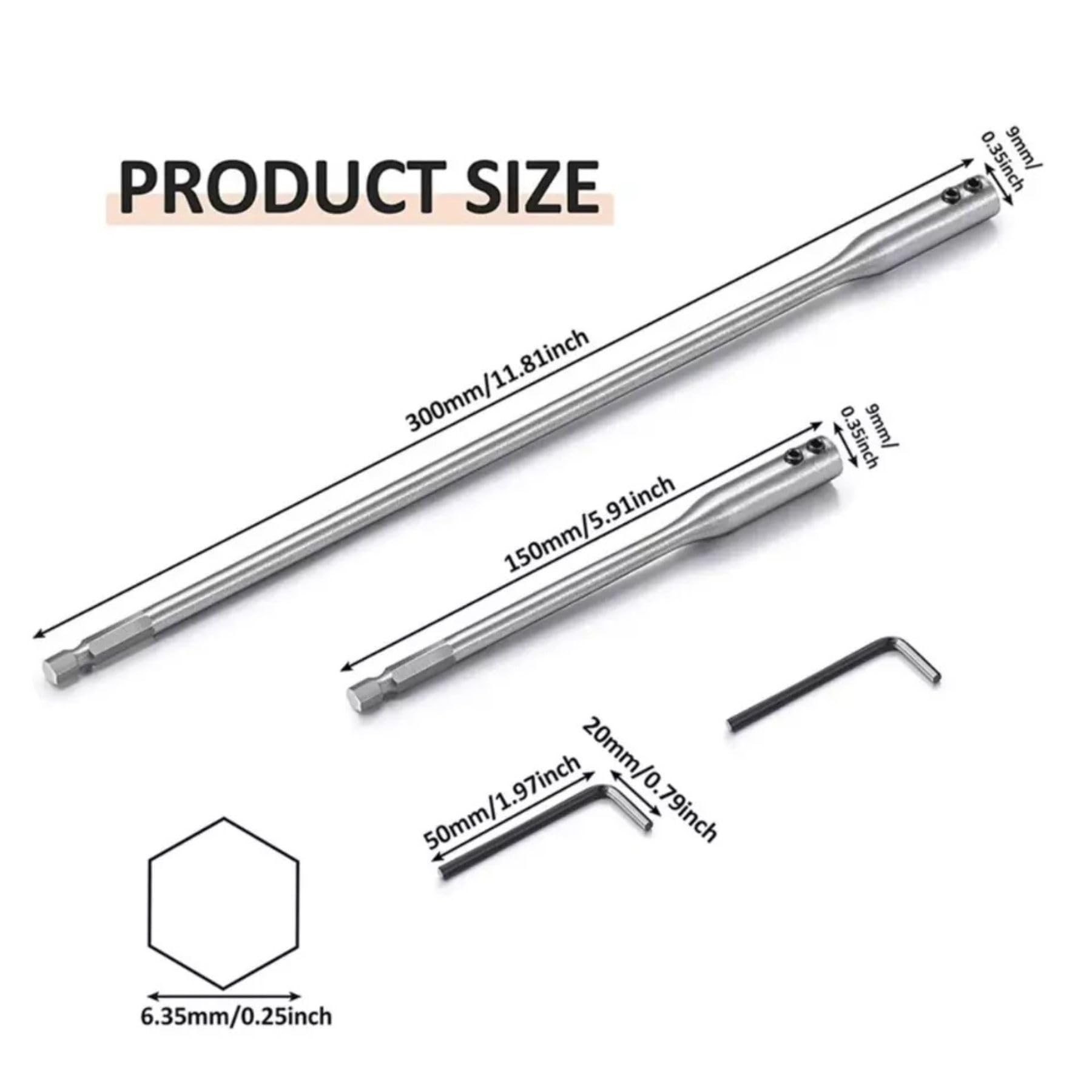 4pcs Drill Bit Extension Set 6" & 12" Long High-Carbon Steel Wood Spade Drill Bit Extender Extension Set for Wood Turners Furniture Carpentry and Construction with Allen Keys 1/4" Hex Shank - Image 4