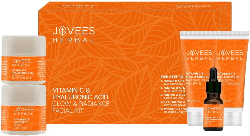 Jovees Herbal Vitamin C & Hyaluronic Acid Glow & Radiance Facial Kit For Brighter & Glowing Skin | Kit For Improves Uneven Skin Tone, Fines Lines & Dullness 215g (Multiple use)
