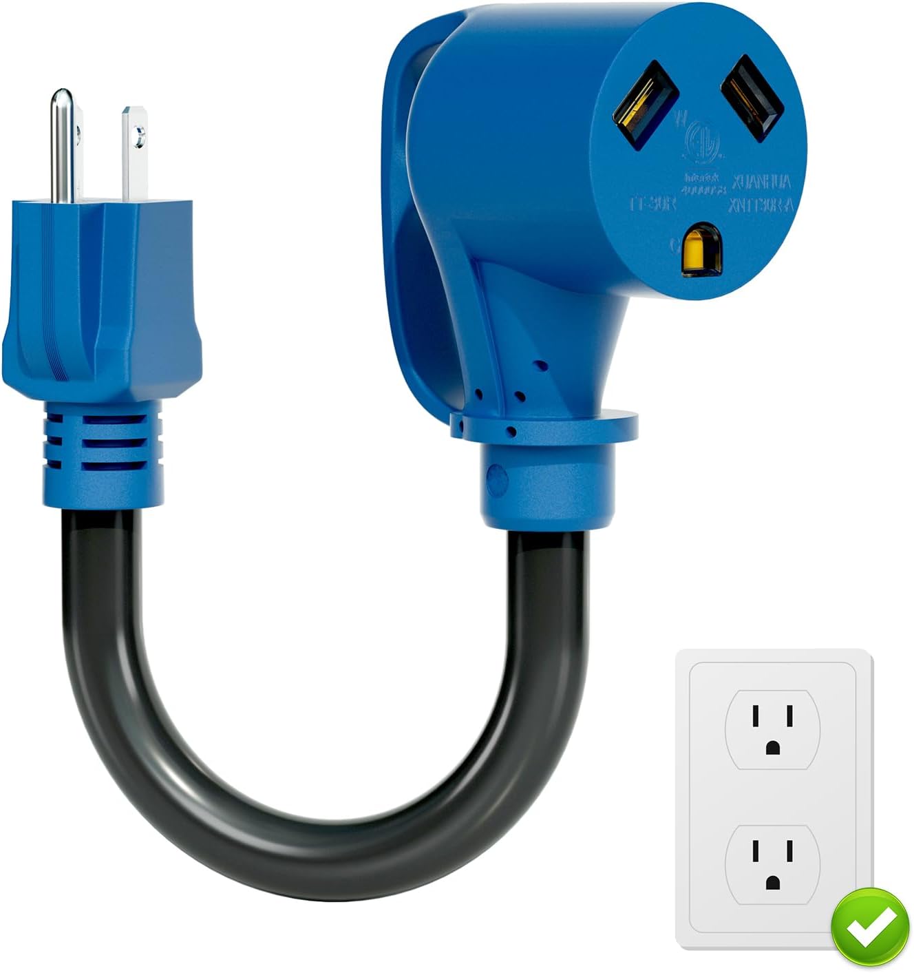 30 Amp to 110 RV Adapter, NEMA 5-15P Male to TT-30R Female, SJTW 3/C 10 AWG, 15A 125V 1875W, Heavy Duty RV Charger Adapter Cord, 13 Inch, ETL (Blue)