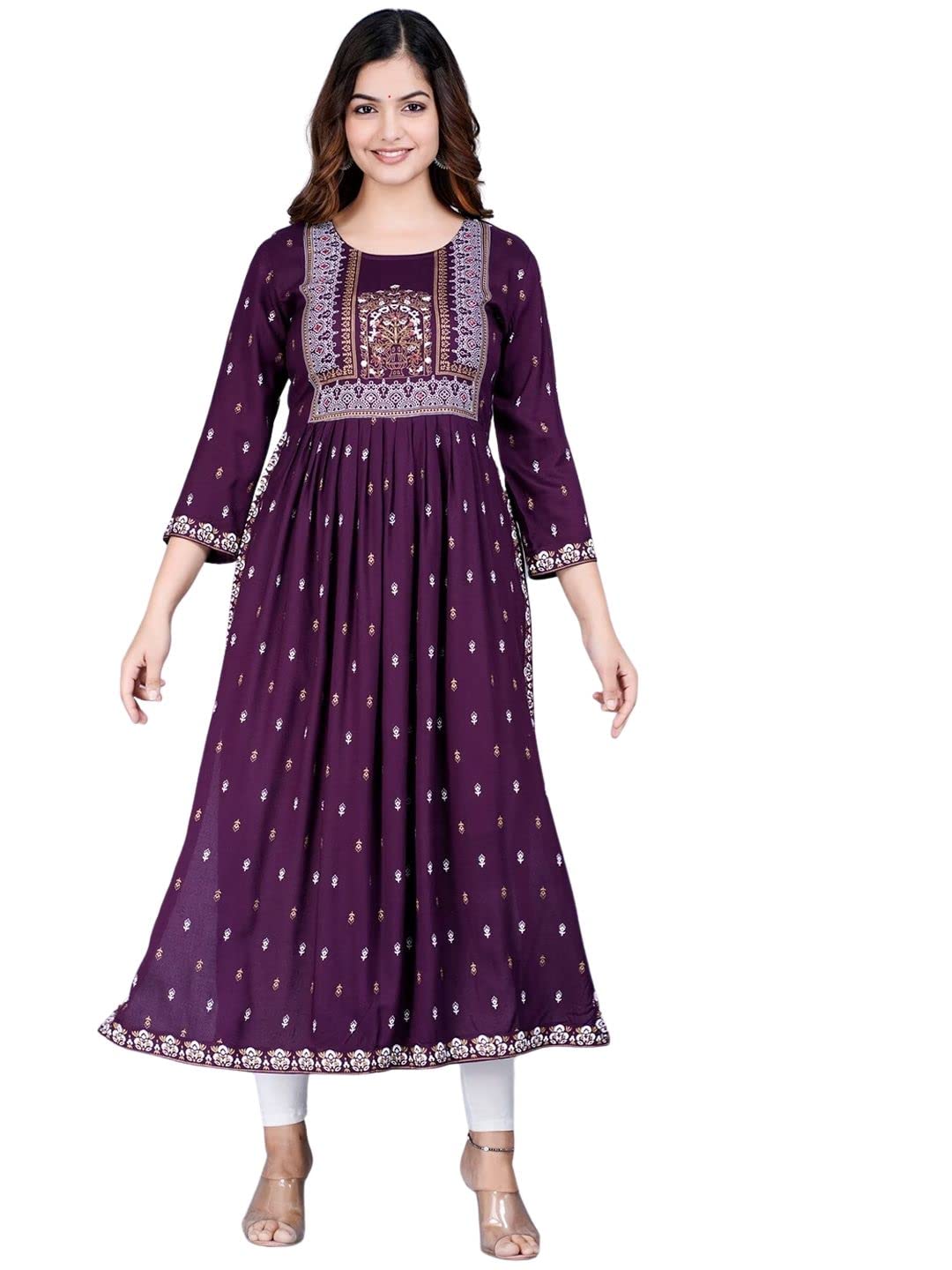 rytras Women's Rayon Printed Purple Nayra Cut Flared Kurta 2