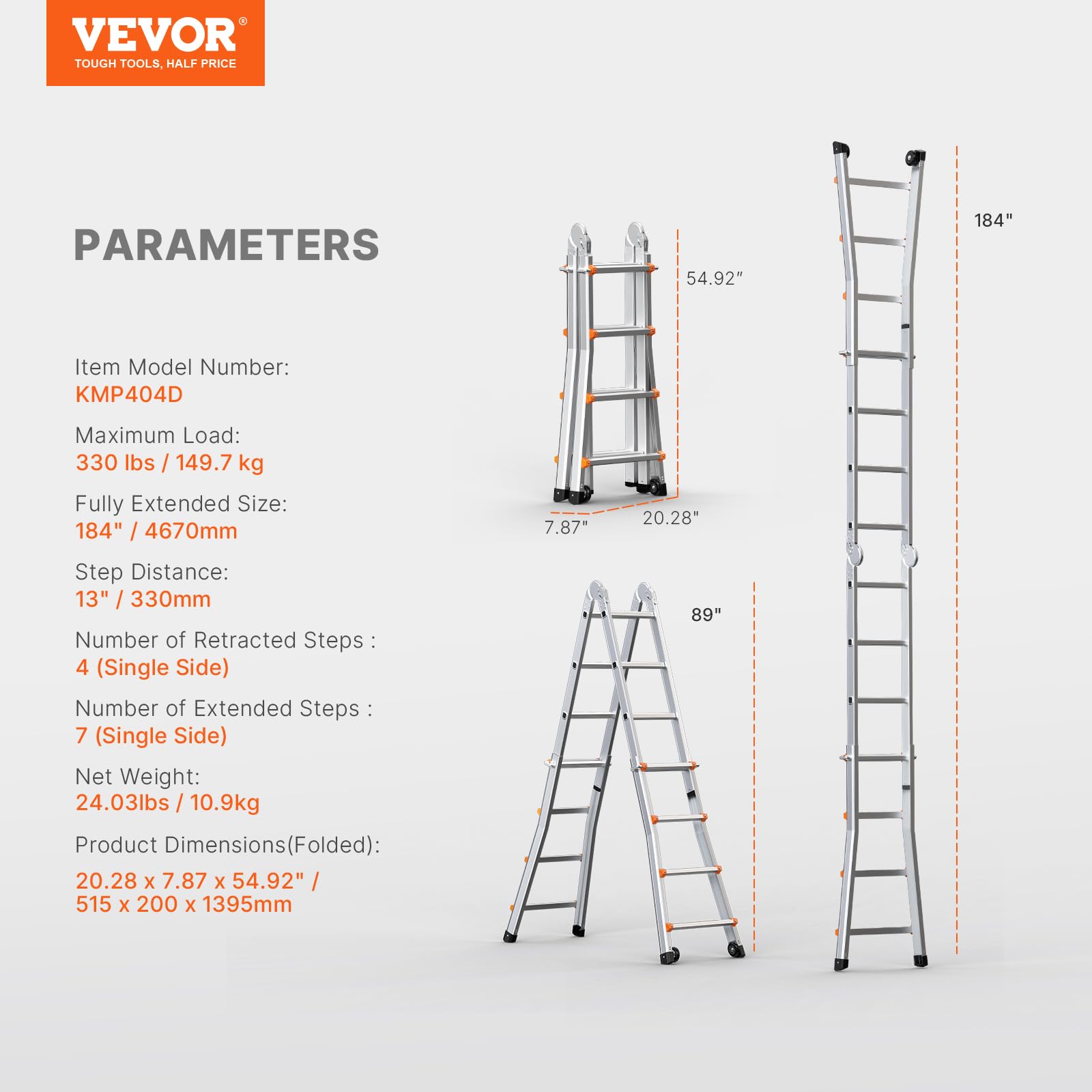 VEVOR Teleskopleiter mit A-Rahmen, 4,5 m Lange, kompakte Aluminium-Ausziehleiter, multifunktionale, Wohnmobilleiter, Teleskopleiter für Hausaufgaben, Treppen, Innen- und Außendächer, 150 kg Tragkraft
