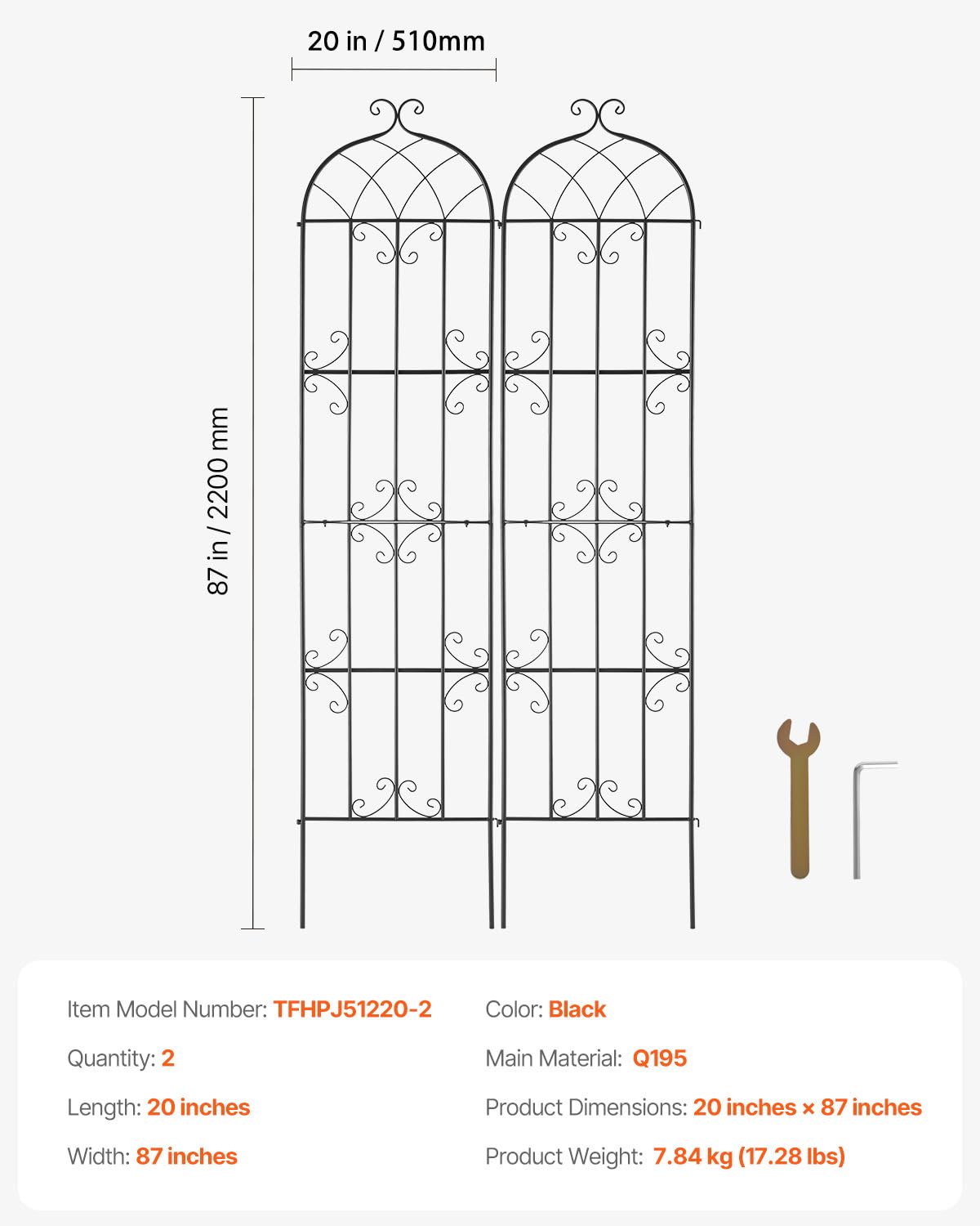 VEVOR Traliccio da Giardino Rampicanti per Piante Fiori in Metallo Antiruggine, Supporto per Traliccio per Rose Rampicanti Esterno, Traliccio Decorativo per Clematide Alta Cortili 51 x 220 cm 2 Pezzi