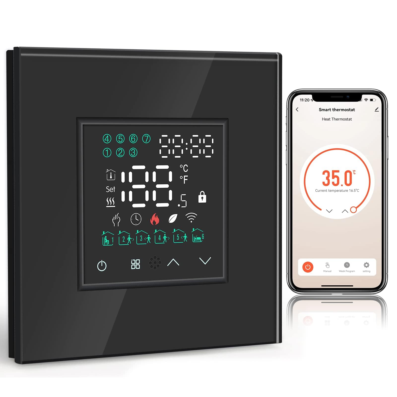 BSEED WiFi Termostato Controlador de Temperatura Negro para Calefacción de Calderas,5A Smart Termostato con Pantalla Táctil LED Compatible con Alexa y Google Home