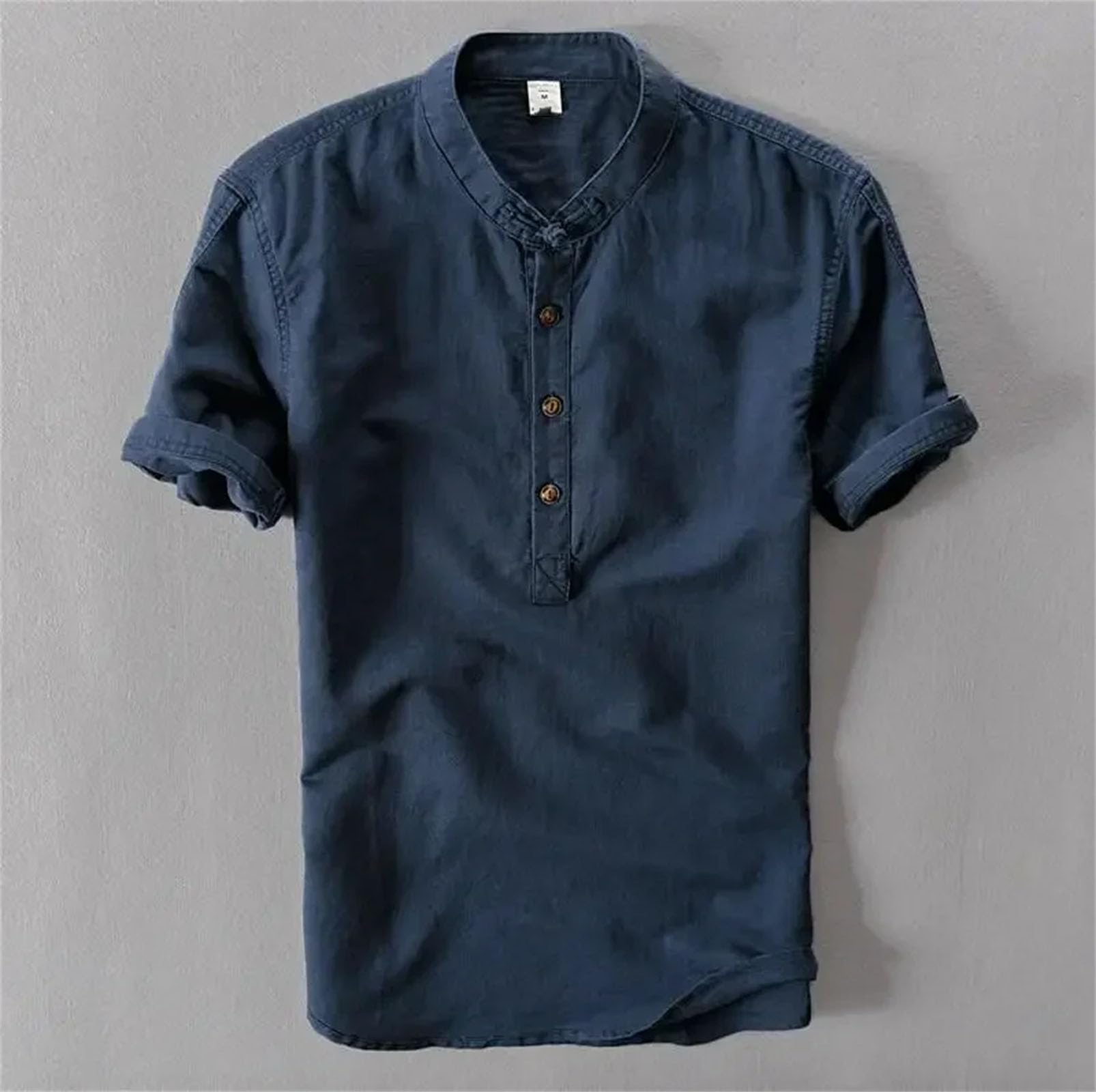 Camiseta de manga corta para hombre, cuello mandarín, algodón, lino, ajuste delgado, transpirable, informal, para uso diario