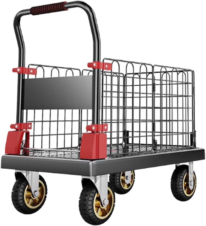 2-in-1 Folding Platform Truck with Removable Cage, Heavy Duty Collapsible Hand Truck Dolly, Capacity Multi-Function Cart with Silent Wheels for Moving Furniture, Boxes, and Appliances(Large)