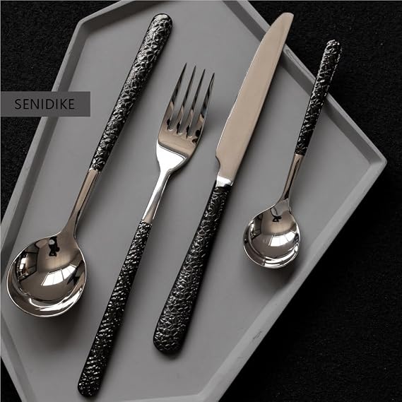 Luxury Silverware Flatware with Black Handle, 16/24/32/40/48 PCS Silverware Set for 1/4/6/8/10/12 Premium 18/8 (304) Stainless Steel Cutlery Set(16 Piece set for 4)