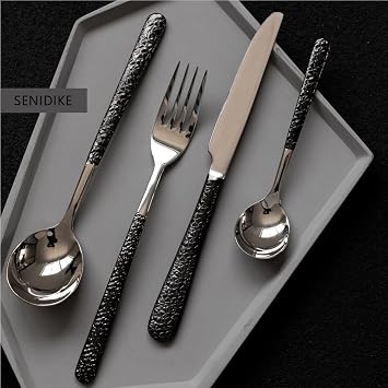 Luxury Silverware Flatware with Black Handle, 16/24/32/40/48 PCS Silverware Set for 1/4/6/8/10/12 Premium 18/8 (304) Stainless Steel Cutlery Set(16 Piece set for 4)