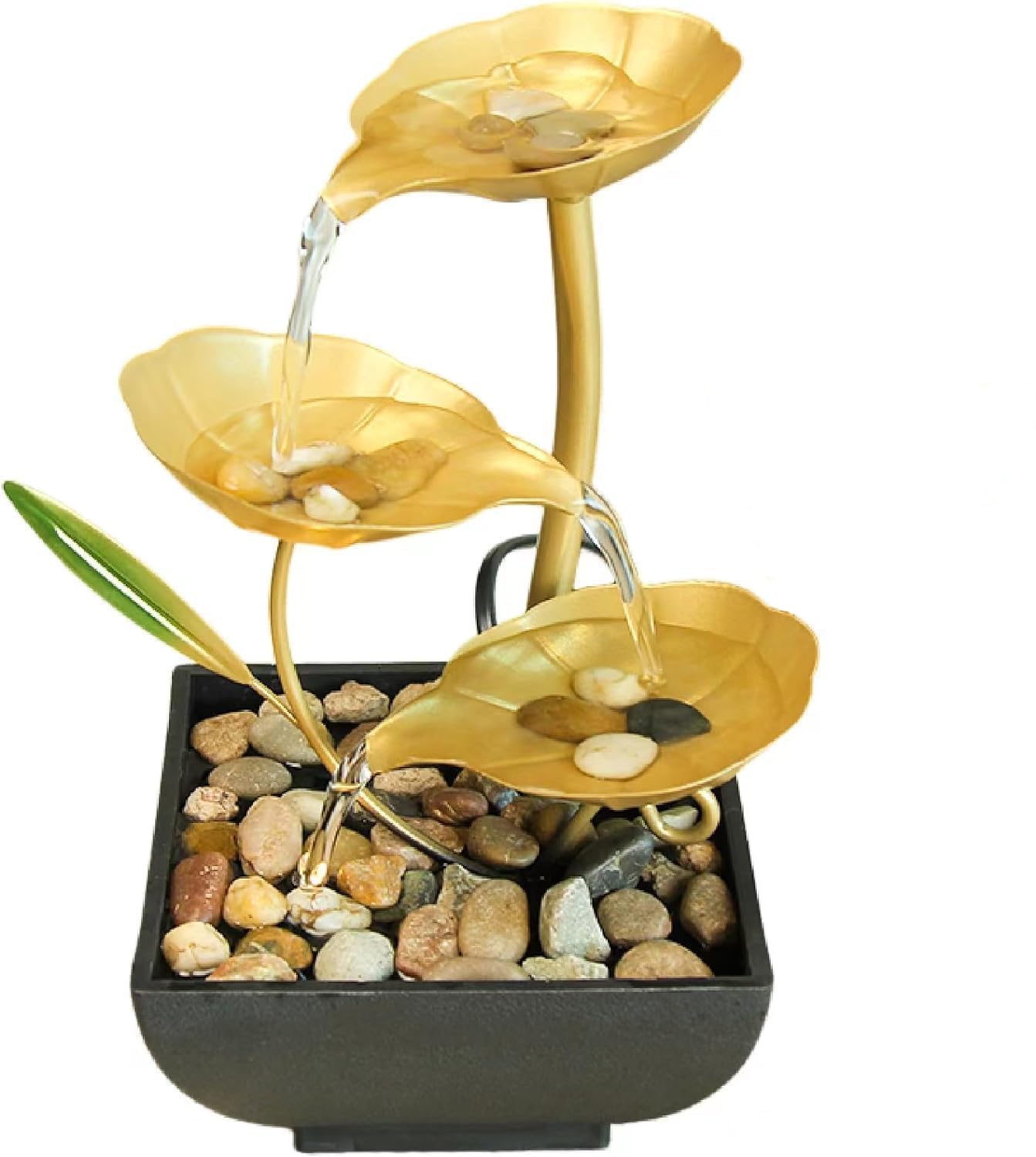 KN Water Feature Fountain - Three Layers Indoor Water Fountain for Table | Home Decor Ornaments with Waterfall Desktop Leaf Fountains, Deep Basin and Natural River Rocks (Golden, 1Pcs)-image-47