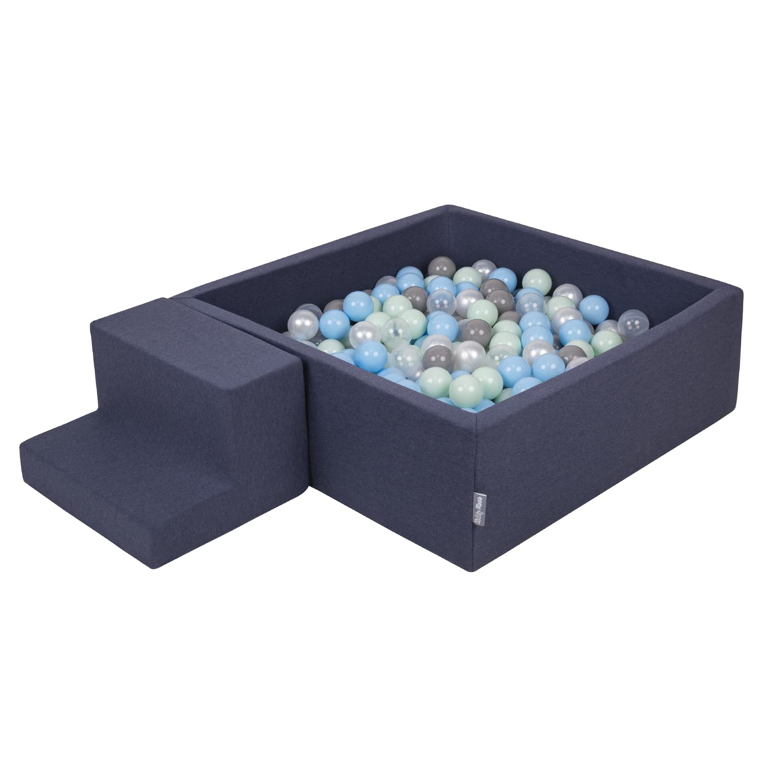 KiddyMoon Foam Playground For Kids With Square Ballpit (200 Balls ∅ 7Cm/2.75In) Soft Obstacles Course And Ball Pool, Made In The EU, Darkblue:Pearl/Grey/Transparent/Babyblue/Mint