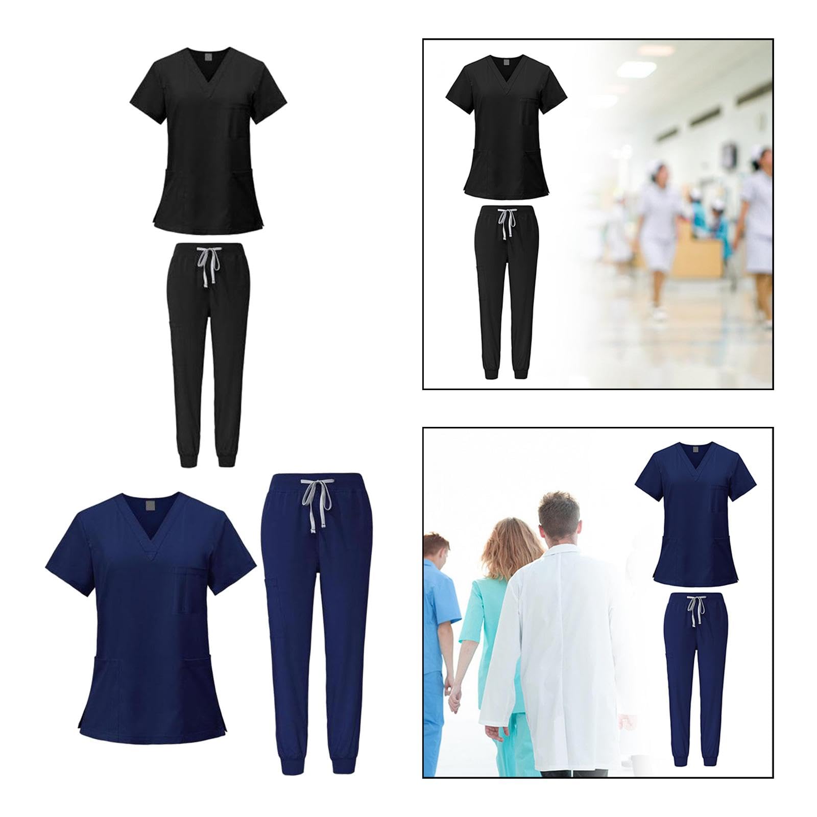 Amagogo Damen Arbeitskleidung Set -Ausschnitt, Dunkelblau und Schwarz