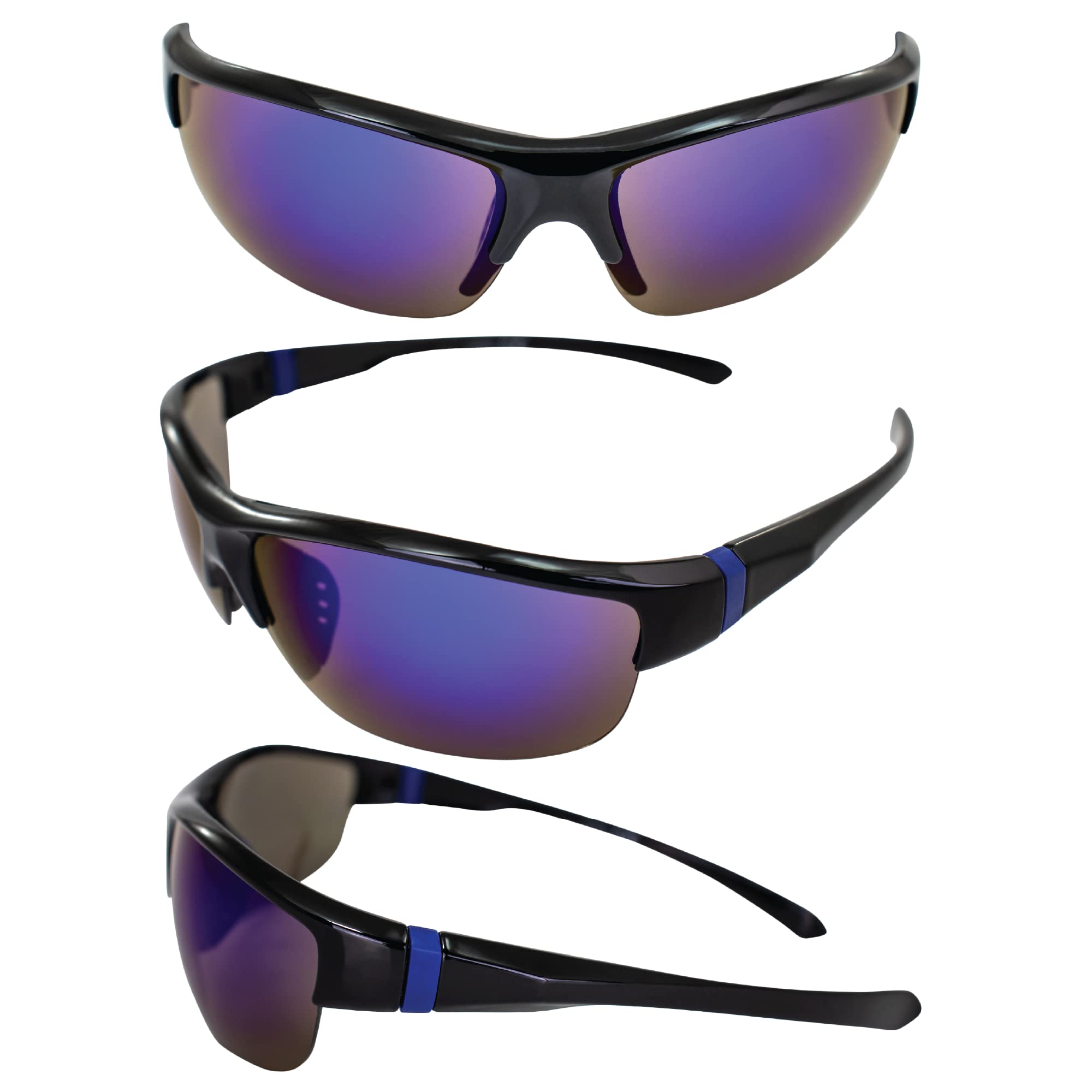 AlterImage Guardian Wraparound Sports & Motorcycle Retro Sunglasses for Men or Women 2 Pair Semi-Rimless Black Frames w/G-Tech Blue & Red Lenses