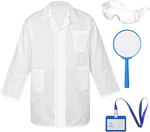 Miniatura 6 de 16 piezas de abrigo de laboratorio para niños, kit de disfraz de laboratorio científico con gafas, tarjeta de identificación para proyectos