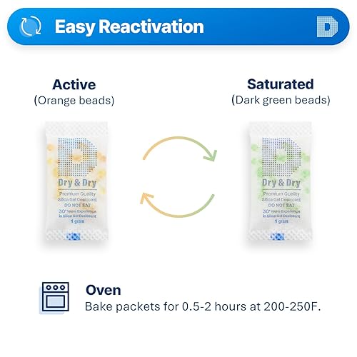 Miniatura 4 de Dry & Dry 0.04 oz 50 paquetes Paquetes de gel de sílice indicadores naranja desecantes - Paquetes de sílice seguros para alimentos, gel de sílice,