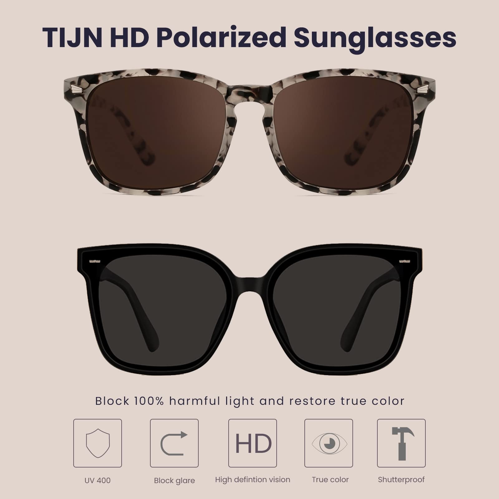 TIJN Polarized Sunglasses for Womens and Mens,Classic Square Frames Shades for UV Protection, Stylish and Trendy Sunnies