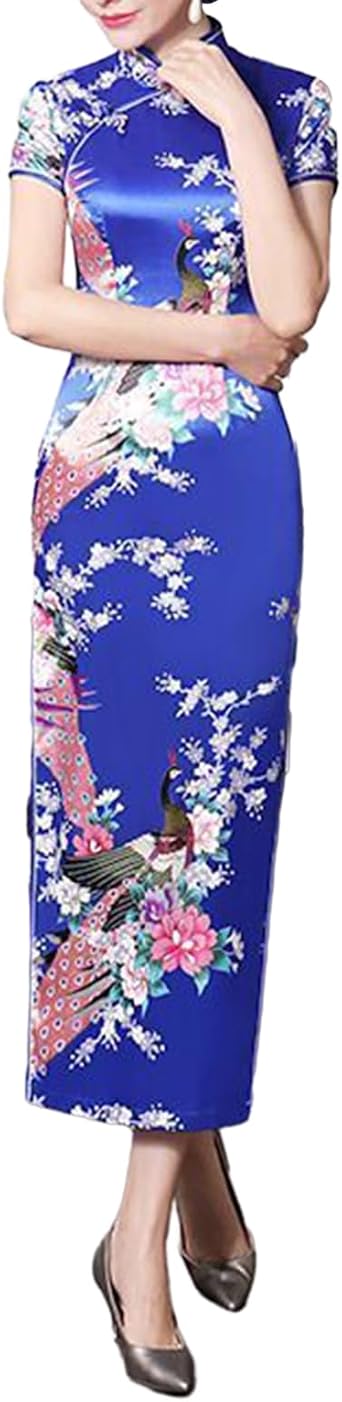 Slim Fit Cheongsam Dress Women Chinese National Style Floral Print Stand Collar Short Sleeves High Side Split Satin