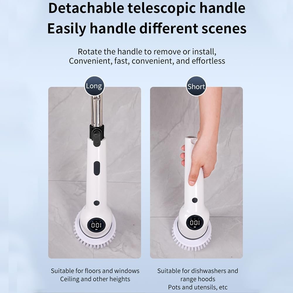 Depurador Eléctrico Inalámbrico De 360 ​​grados,Cepillo De Limpieza Eléctrico For El Hogar, Con 8 Cabezales De Cepillo Reemplazables Y Brazo De Extensión Ajustable For Baño, Piso, Ducha, Bañera, Vidri