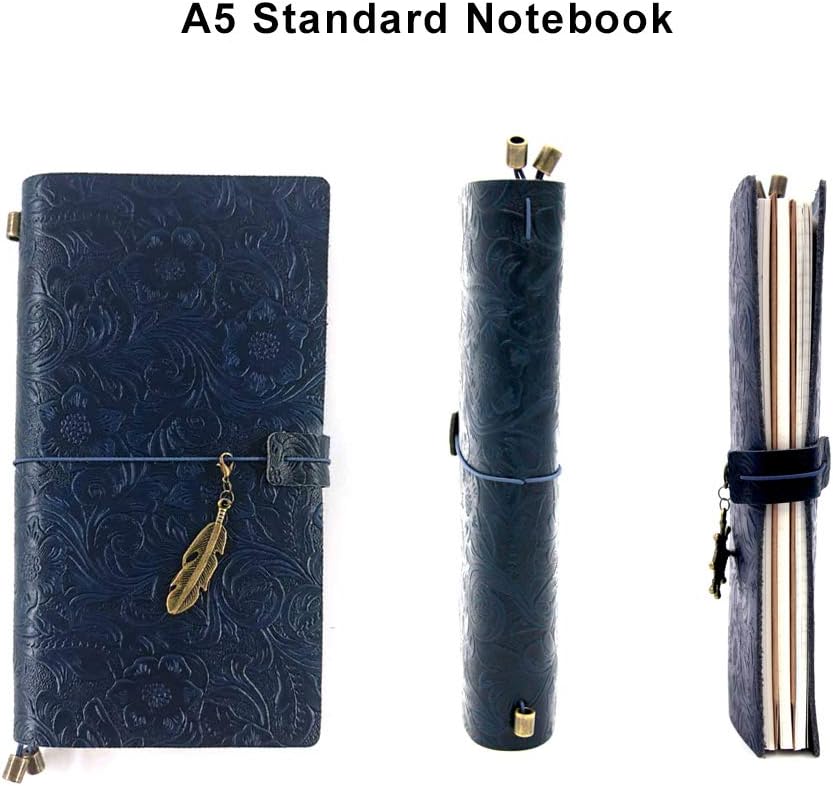 Refillable Leather Journal, Handmade Blue Leather Notebook with Bookmark for Men & Women, Vintage Leather Notepad Sketchbook Perfect for Writing, Gifts, Travelers (Blue, Standard)
