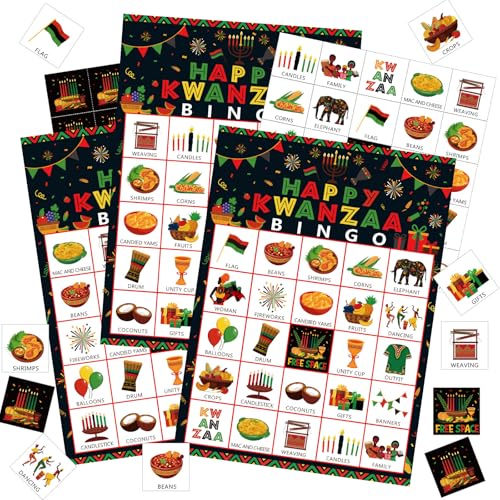 Containlol 39 Pcs Kwanzaa Game Bingo 24 Players African American Culture Bingo Cards African Heritage Games for Family Activities Holiday Happy Kwanzaa Festival Party Favors Supplies