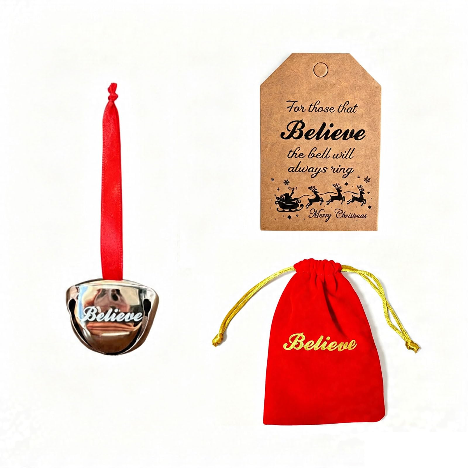YGWAPJL Believe in Santa Claus Polar Express Jingle Bell with Red Satin Pouch, Hanging Tag, Christmas Stocking Stuffer, Holiday Decor & Xmas Tree Decorations Xmas Gifts