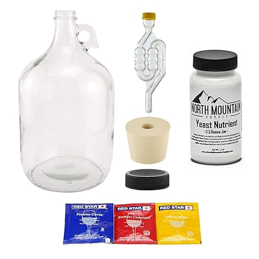 North Mountain Supply 1 Gallon Glass Fermenting Jug with Handle, #6.5 Rubber Stopper, 6-Bubble Airlock, Black Plastic Lid, 3-Pack Yeast Assortment, & 3.5 Ounce Yeast Nutrients