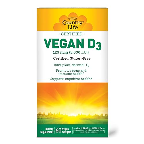Country Life Vegan D3 5000 UI – Vitamina D3 derivada de plantas de liquen – Soporte inmunológico y óseo de alta potencia – Certificado vegano, sin