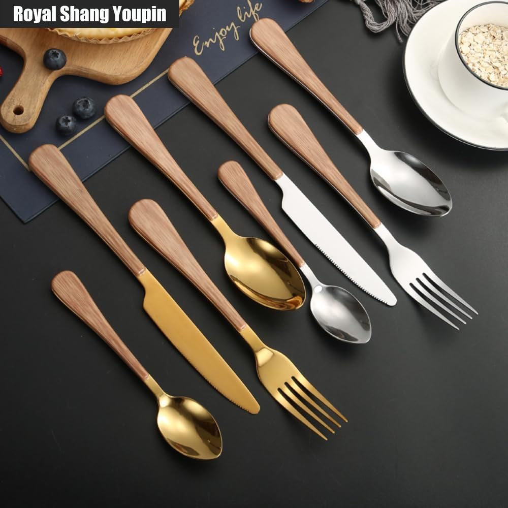 Legno Manico Piatto Cucina Acciaio Inox Argenteria Stoviglie Posate Coltelli Forchette Cucchiai Set Hotel Casa Bistecca Coltello Dessert Cucchiaio (Oro,16 pezzi)