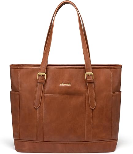 LOVEVOOK Bolsa de mano para laptop para mujer, bolsa de trabajo de cuero vintage para mujer, bolsa de mano de computadora de 15.6 pulgadas, bolsa
