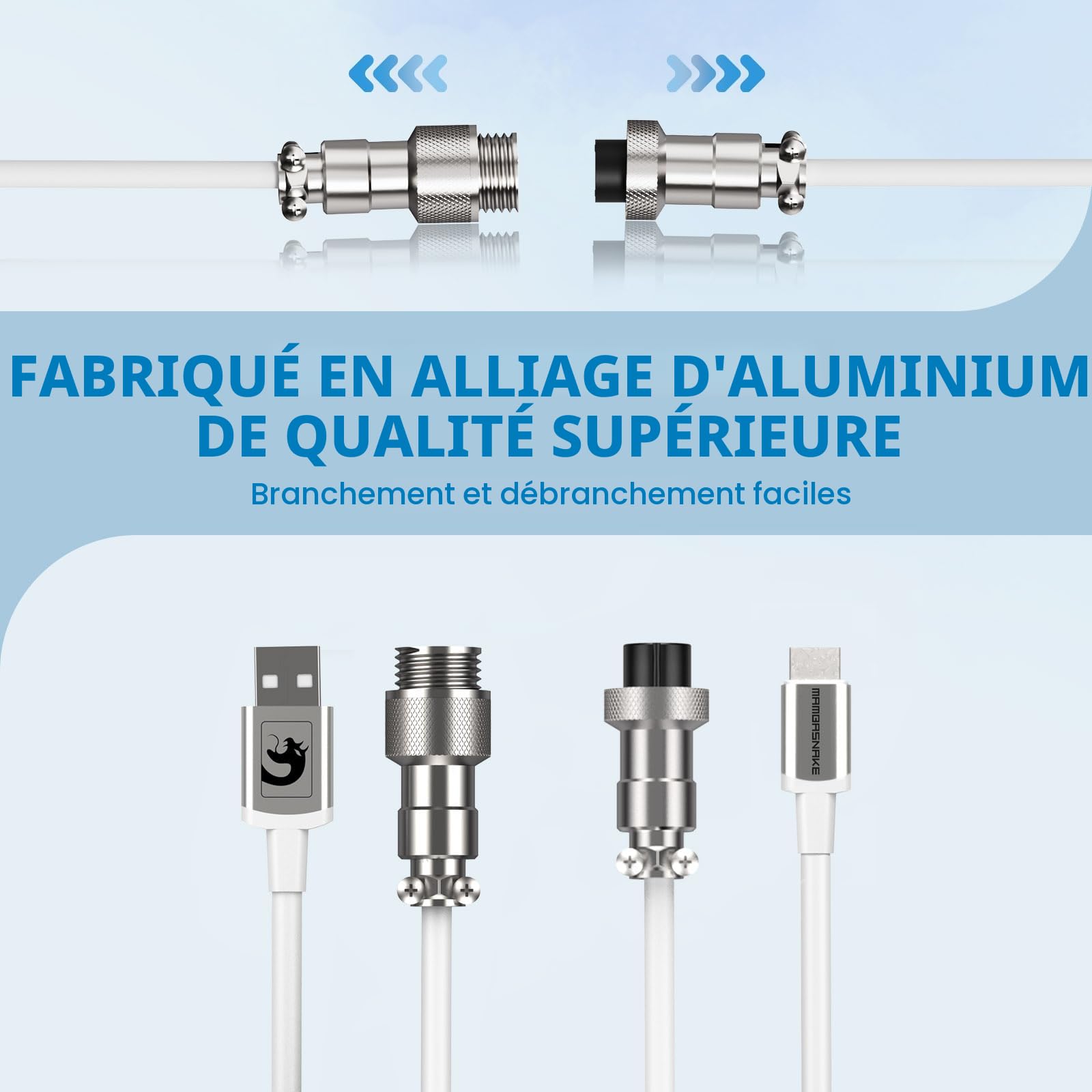 MAMBASNAKE C01 Câble de Clavier Spiralé, Pro Customized type C Câble pour Clavier Mécanique de Jeu, Type-C vers USB-A, TPU Coiled Cable avec Connecteur D'aviation En Métal-Blanc