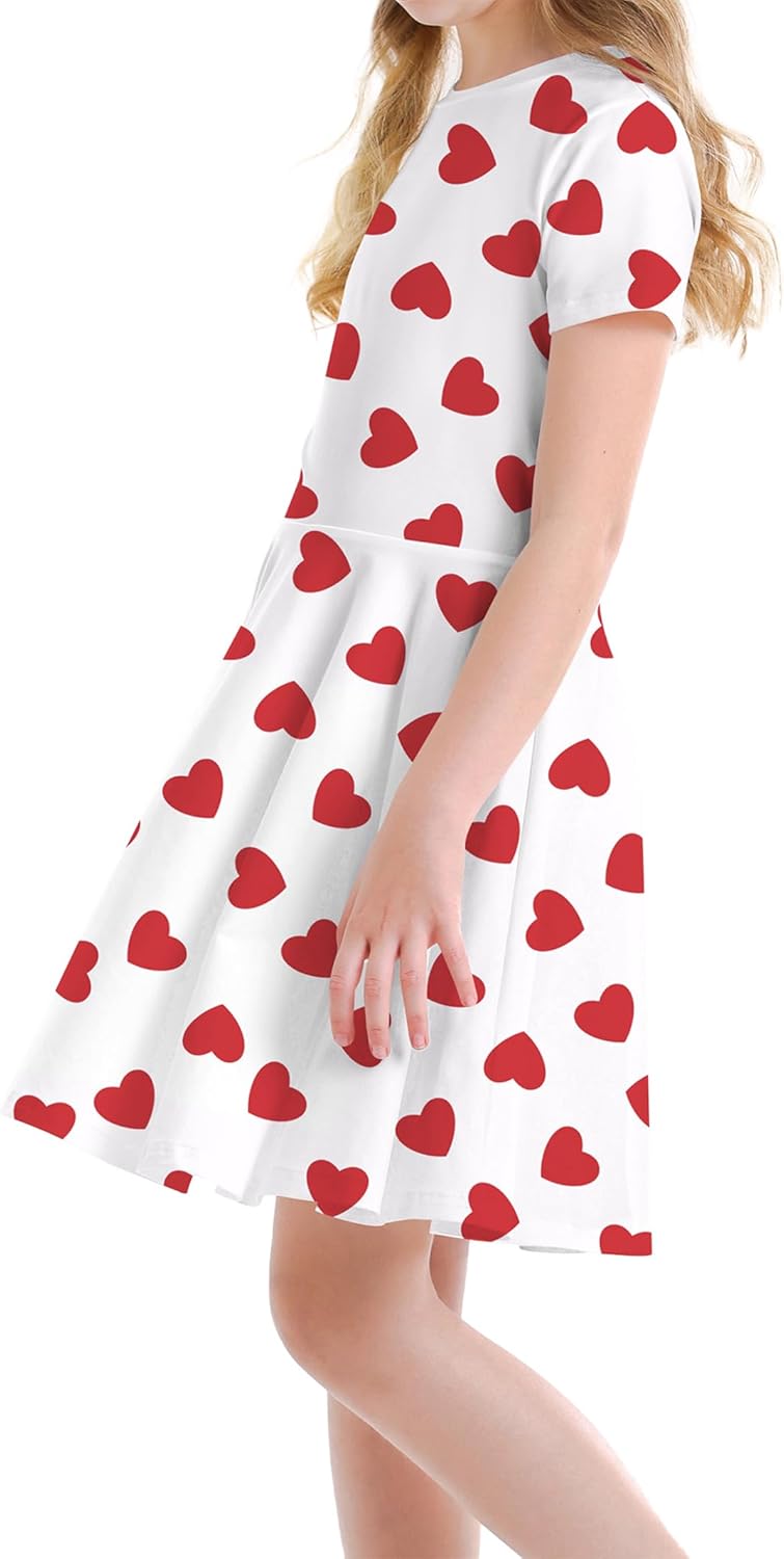 Girls Valentines Dress Outfits Cute Heart Dresses Short Sleeve with Swing - Image 6